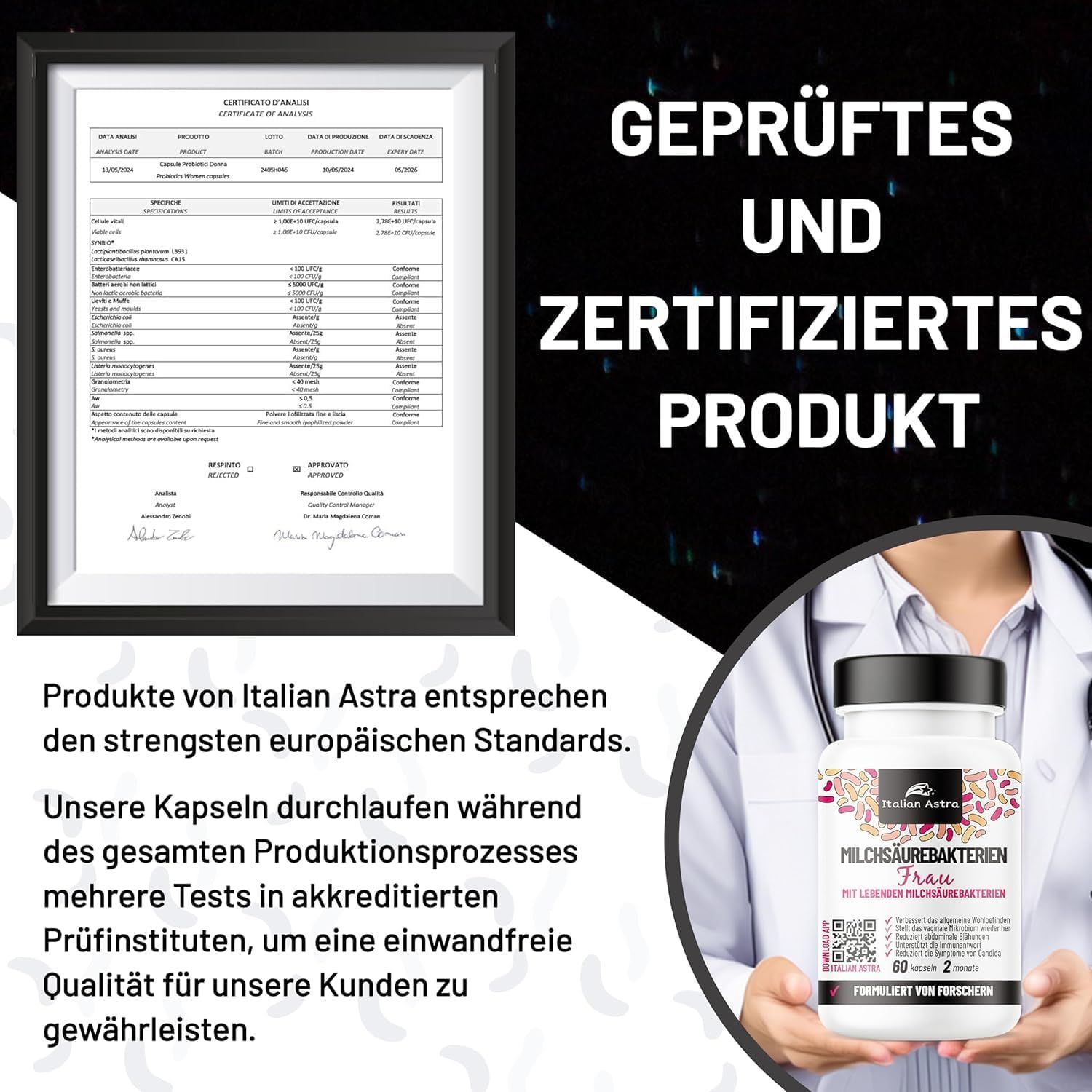 Gerahmtes Zertifikat. Text: Geprüftes und zertifiziertes Produkt. Produktflasche und Stethoskop.