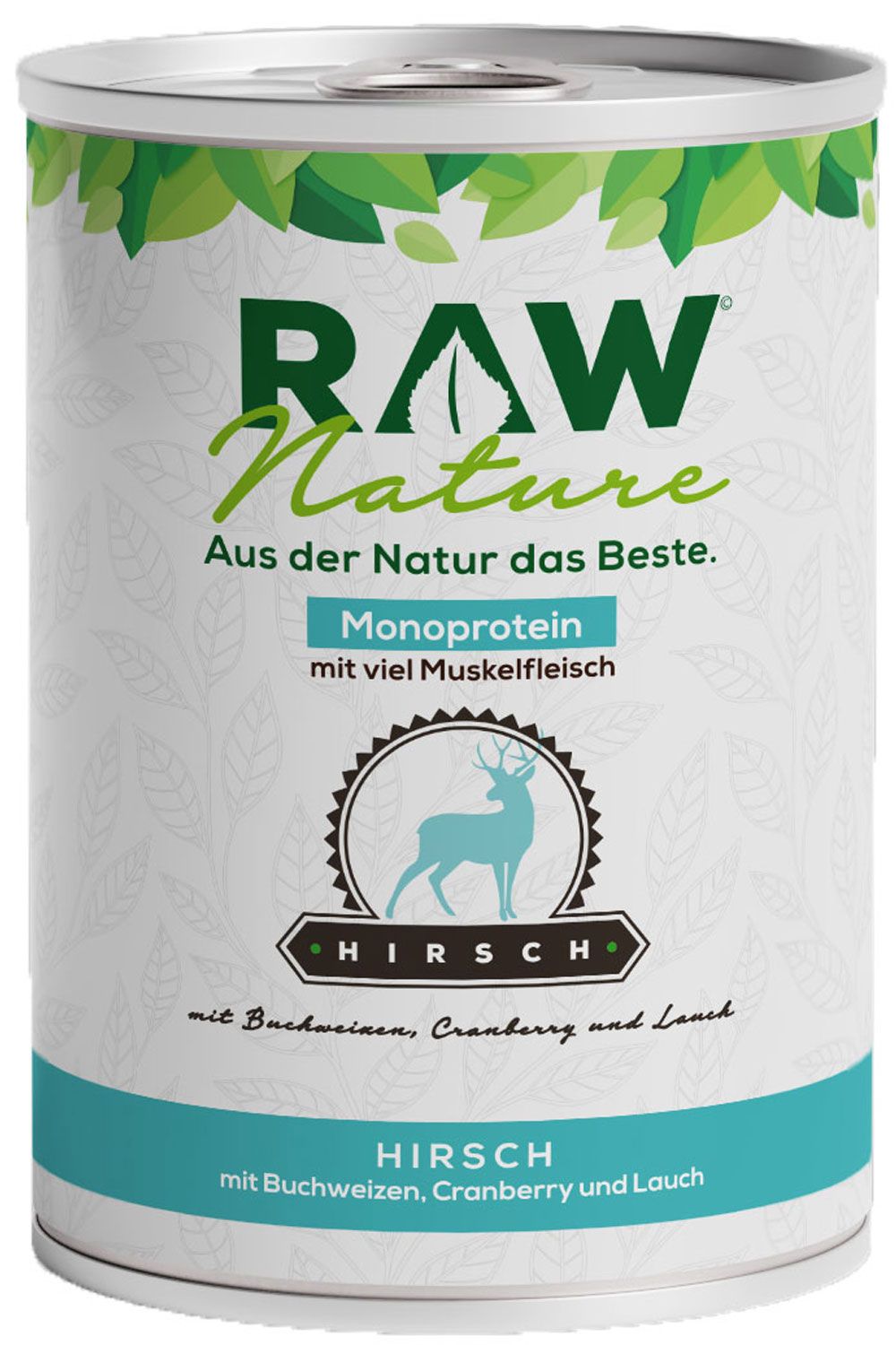 Dose RAW Nature Nassfutter Hirsch mit Möhren & Amaranth. Weißes Etikett mit Logo, Text und Hirsch-Illustration. Grün-weißes Design.