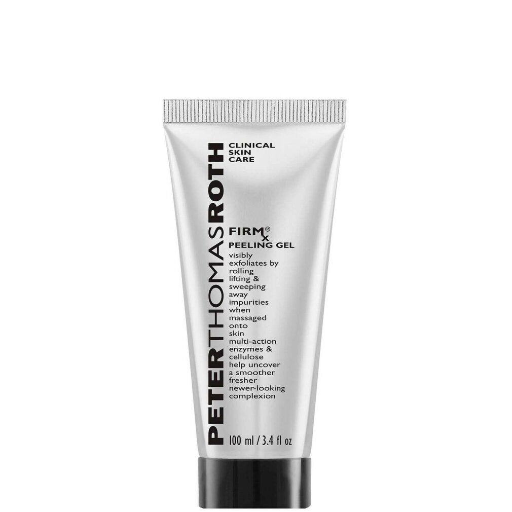 Silberne Tube mit schwarzem Deckel. Aufschrift: PETER THOMAS ROTH, FIRMx Peeling Gel. Text: Clinical Skin Care.
