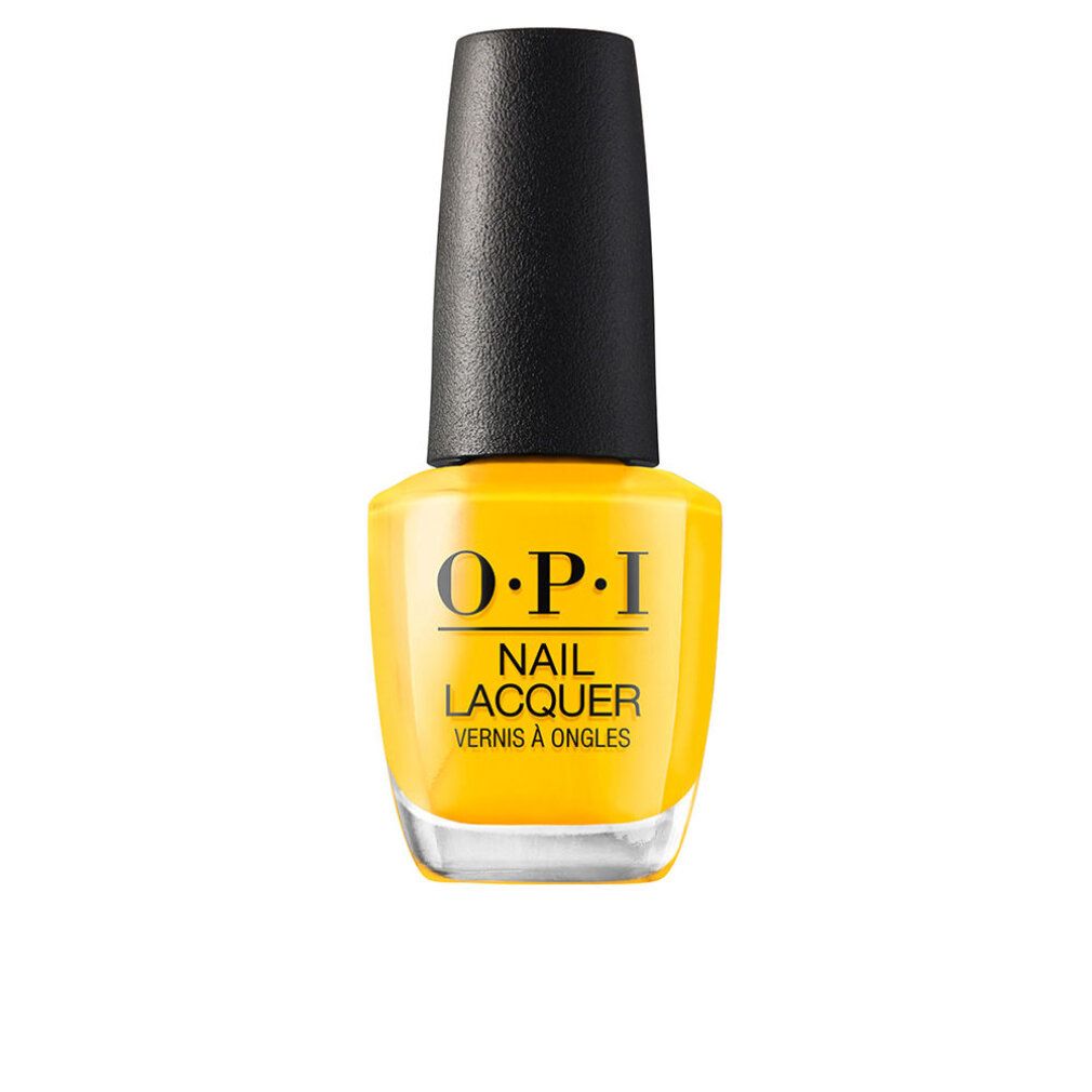 Gelber Nagellackflakon mit schwarzem Verschluss. Aufschrift: OPI, Nail Lacquer, Vernis à Ongles.