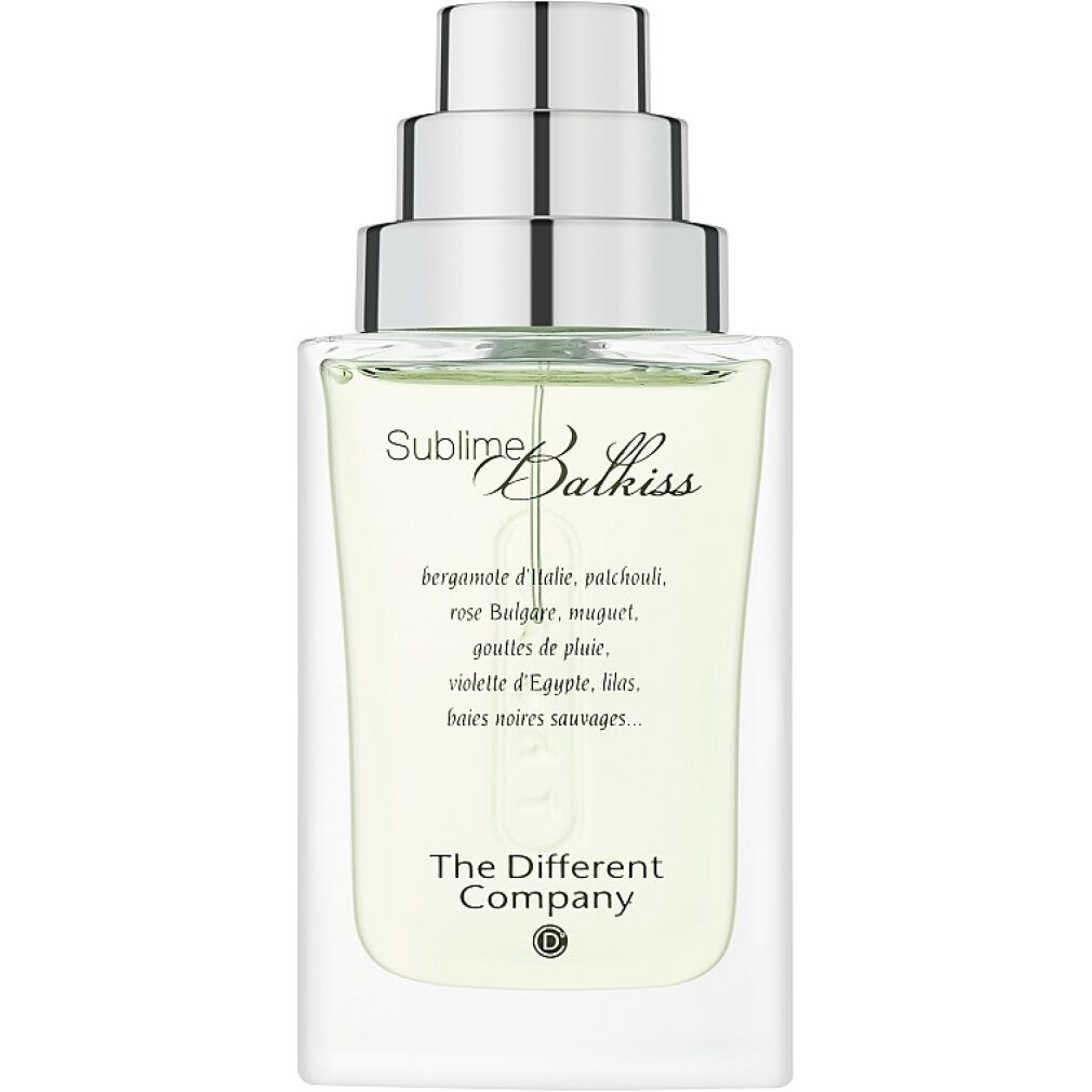 Parfümflakon mit silberfarbenem Zerstäuber. Aufschrift: Sublime Balkiss, Inhaltsstoffe. Marke: The Different Company.