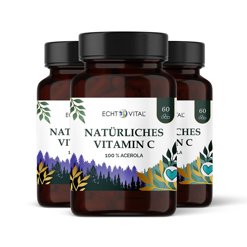 Drei braune Glasflaschen mit schwarzem Deckel. Aufschrift: Echt Vital, Natürliches Vitamin C, 100% Acerola. Jede Flasche enthält 60 Kapseln.