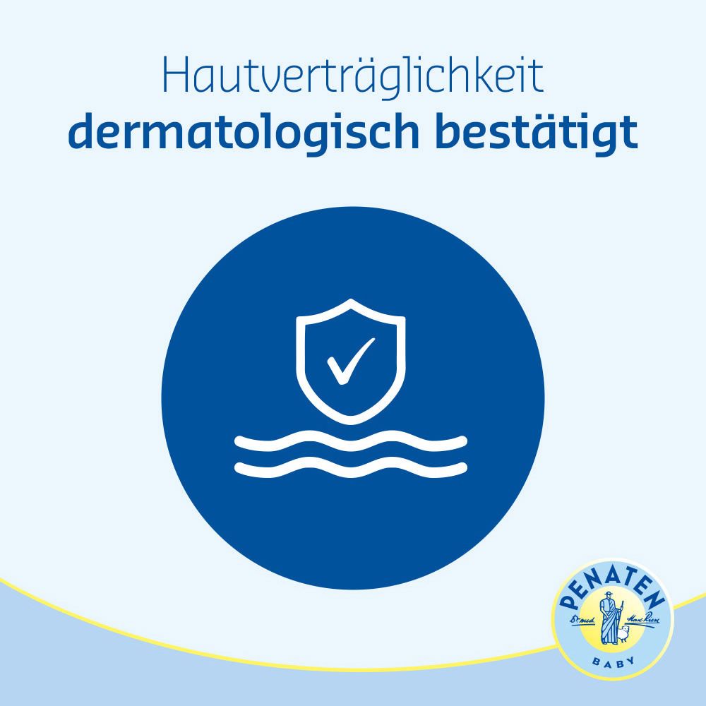 Blauer Kreis mit Schild-Symbol. Text: Hautverträglichkeit dermatologisch bestätigt. PENATEN® Baby Logo unten rechts.