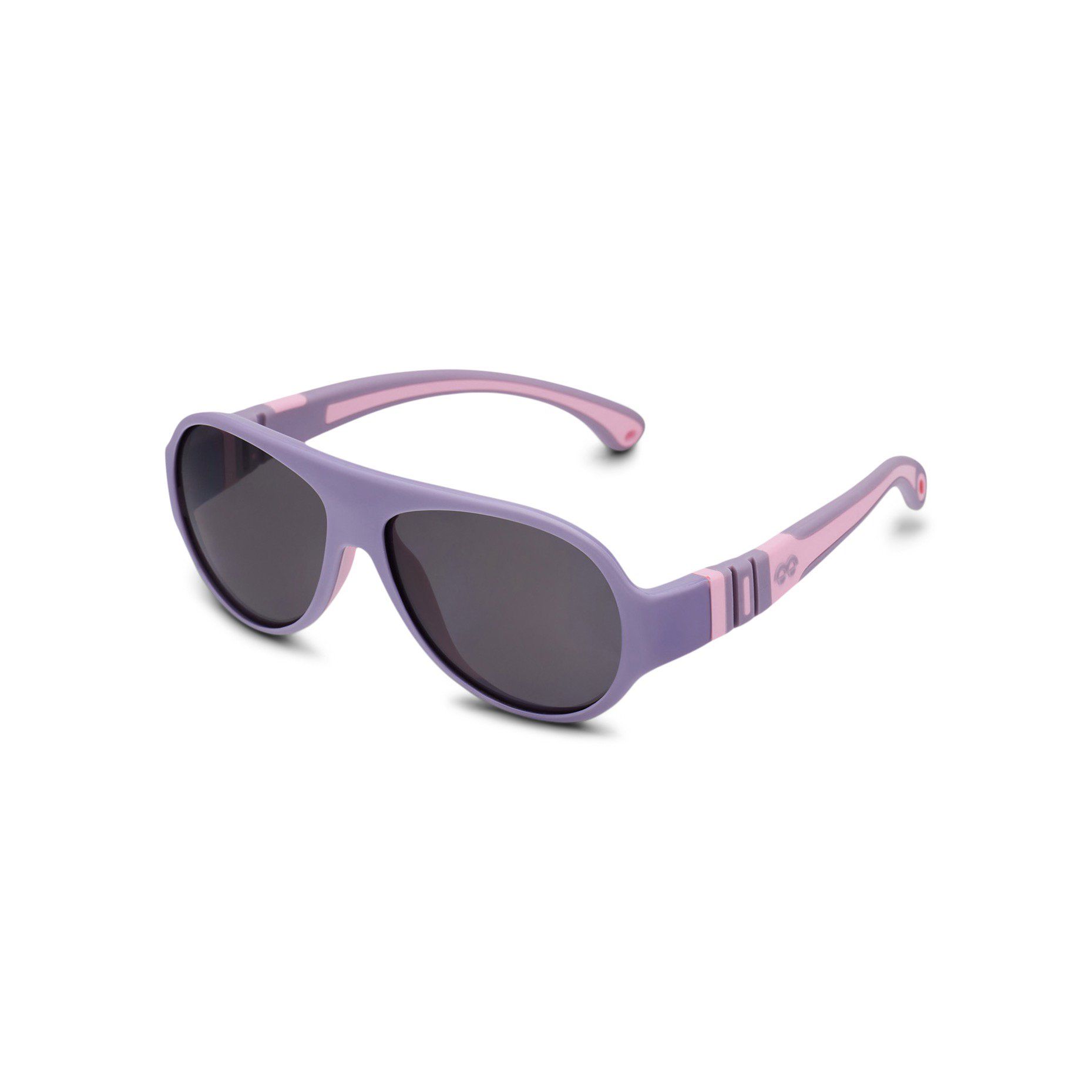 Lila Sonnenbrille mit rosa Bügeln. Aviator-Form. Dunkle Gläser. Perspektivische Ansicht.