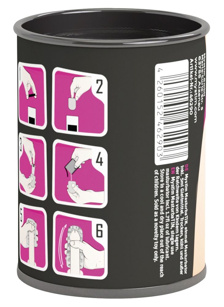 Zylindrische Dose mit Produktinformationen und Anwendungsanleitung. Barcode und Text auf der Seite.