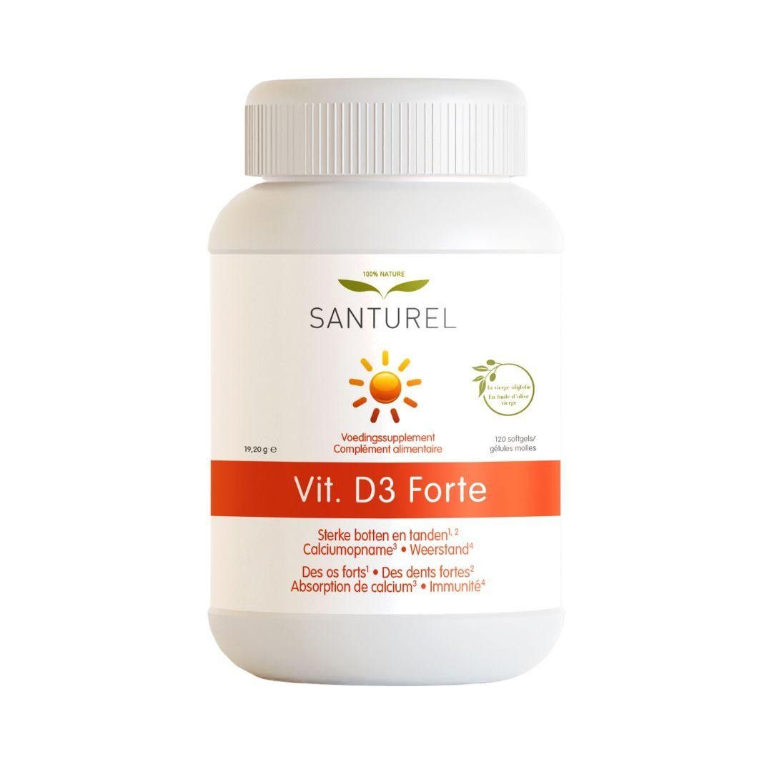 Weißes Santurel Vit. D3 Forte Flasche. Orangefarbener Streifen mit Produktnamen. 120 Softgels.