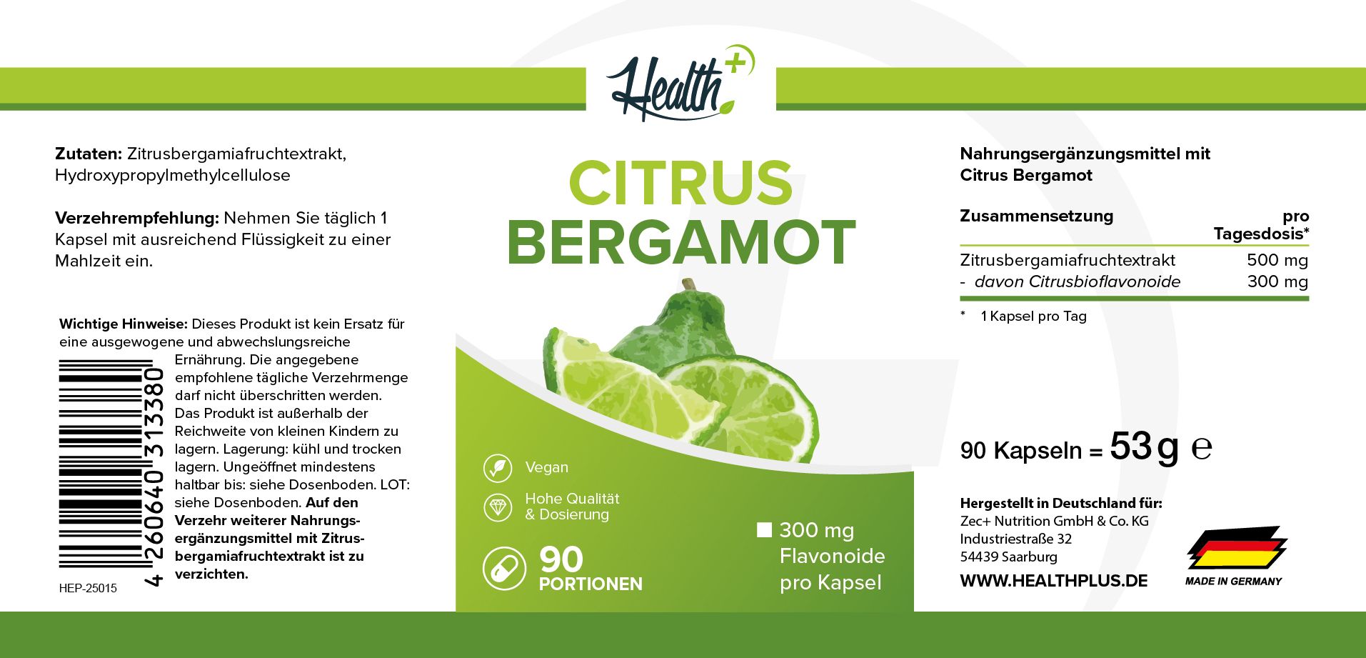 Etikett einer HEALTH+ CITRUS BERGAMOT Kapseldose mit Bergamotte-Frucht und Zitronenscheiben. Enthält 90 Kapseln.