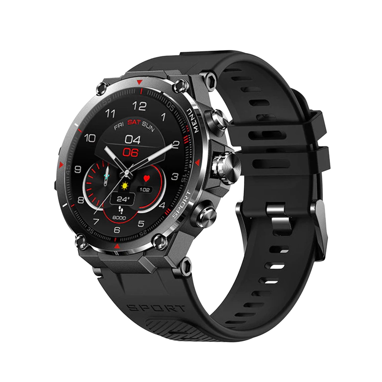 Schwarze Smartwatch mit rundem Zifferblatt. Edelstahlgehäuse, schwarzes Armband. Zifferblatt mit roten und weißen Details. Anzeige von Datum und Uhrzeit.