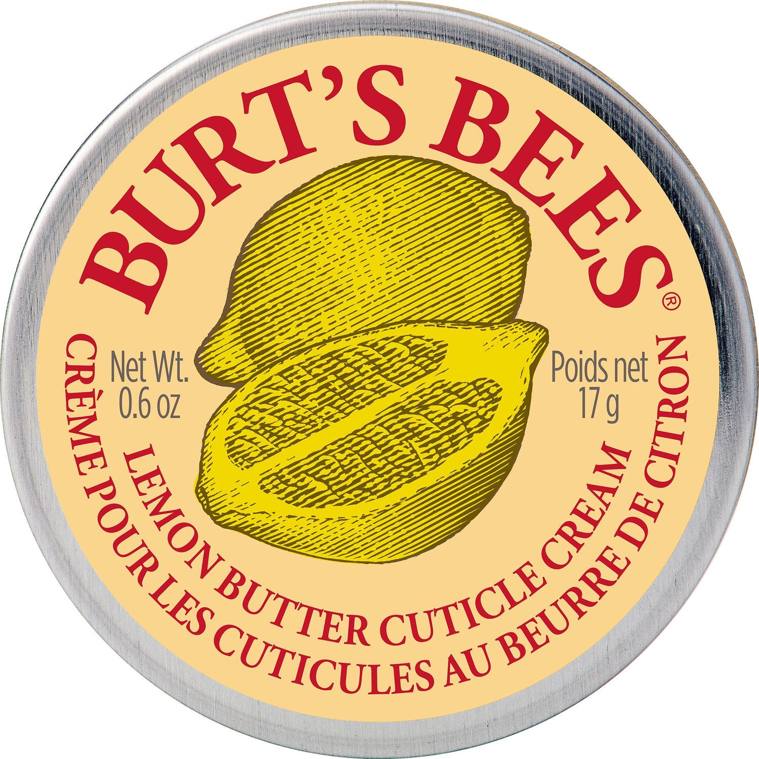 Runde Dose mit gelbem Etikett. Aufschrift: Burt's Bees, Zitrone, Lemon Butter Cuticle Cream. Netto 0,6 oz, 17 g.