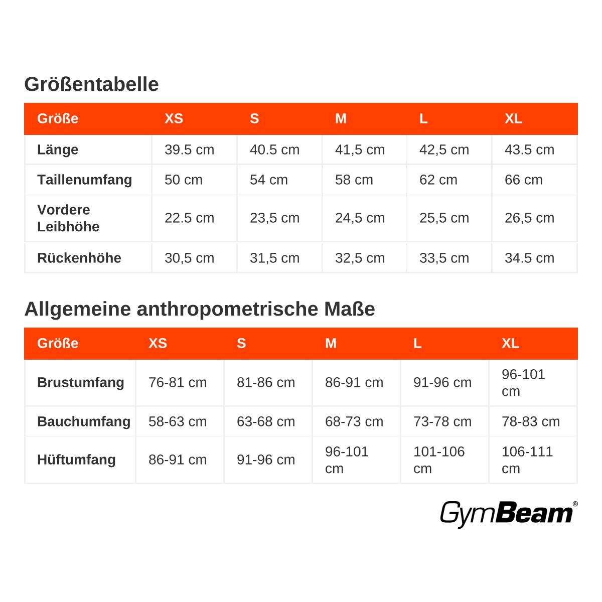 Größentabelle mit Längen-, Taillen-, vorderen Leibhöhen- und Rückenlängenmaßen für Größen XS bis XL. Enthält auch allgemeine anthropometrische Maße wie Brust-, Bauch- und Hüftumfang.