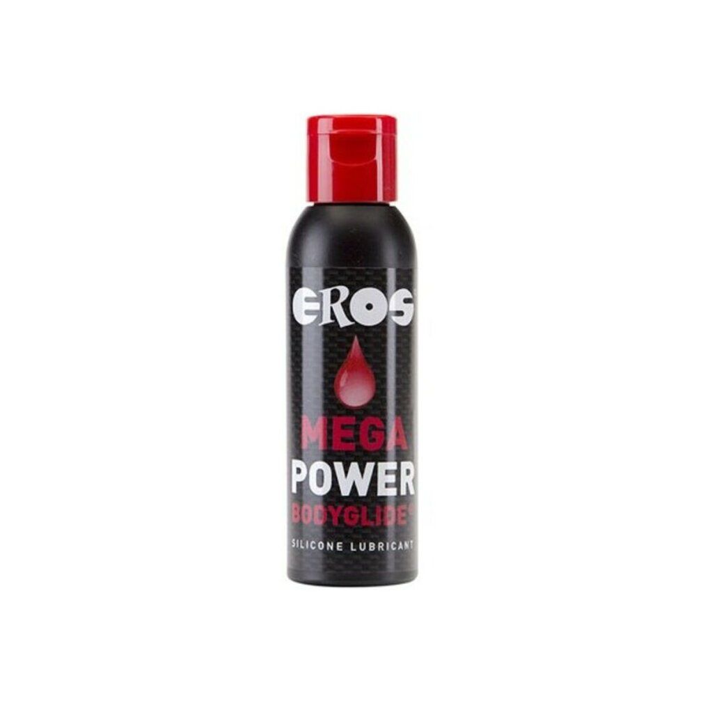 Schwarze Flasche mit rotem Deckel. Aufschrift: EROS, Mega Power Bodyglide, Silikon-Gleitmittel. Roter Tropfen-Grafik.