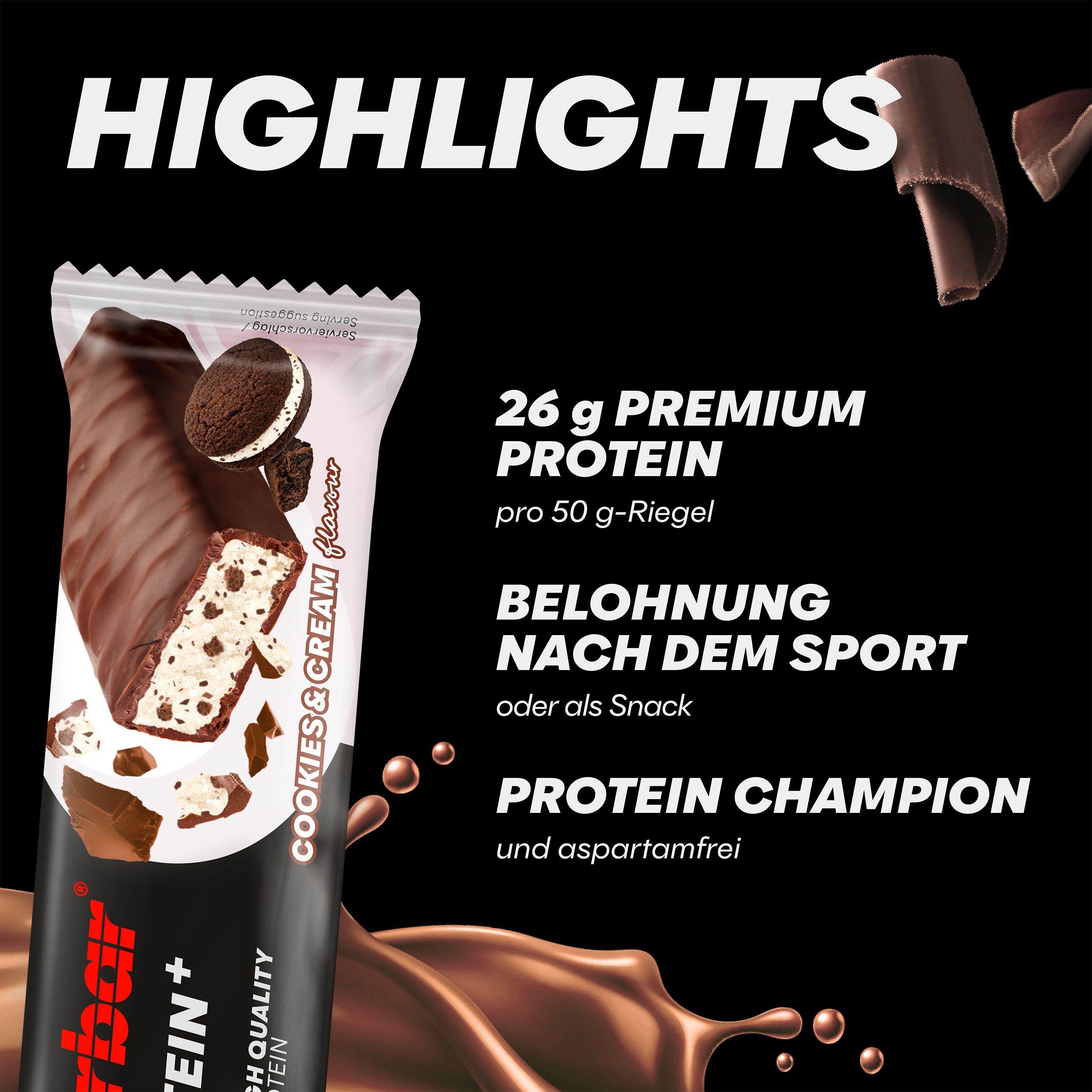 Powerbar Protein+ Riegel, Cookies & Cream. Text: 26 g Premium Protein. Aufschrift: 52% Protein+, Cookies & Cream flavour.