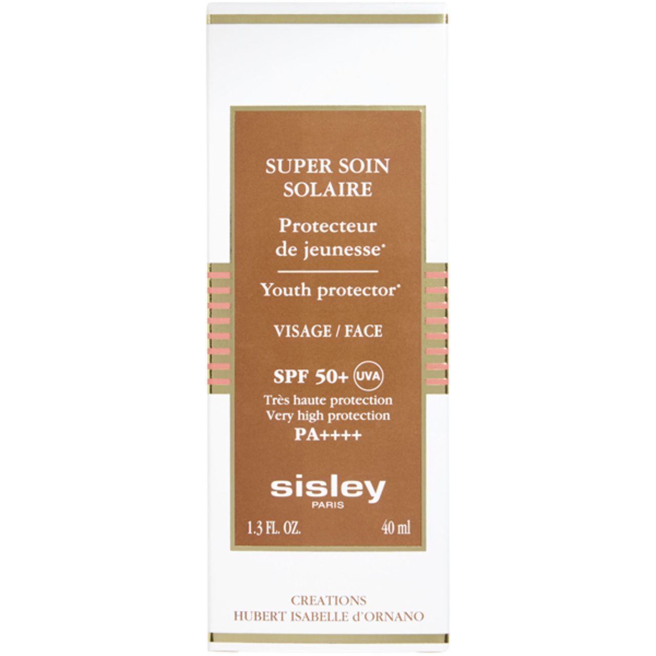 Weiße Verpackung mit braunem Etikett. Aufschrift: SUPER SOIN SOLAIRE, SPF 50+, sisley. 40 ml.