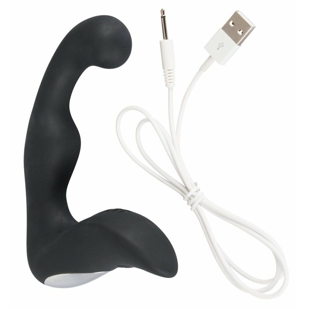 Schwarzes Wellness-Produkt mit weißem Kabel. Abgerundeter Kopf, gebogene Form.