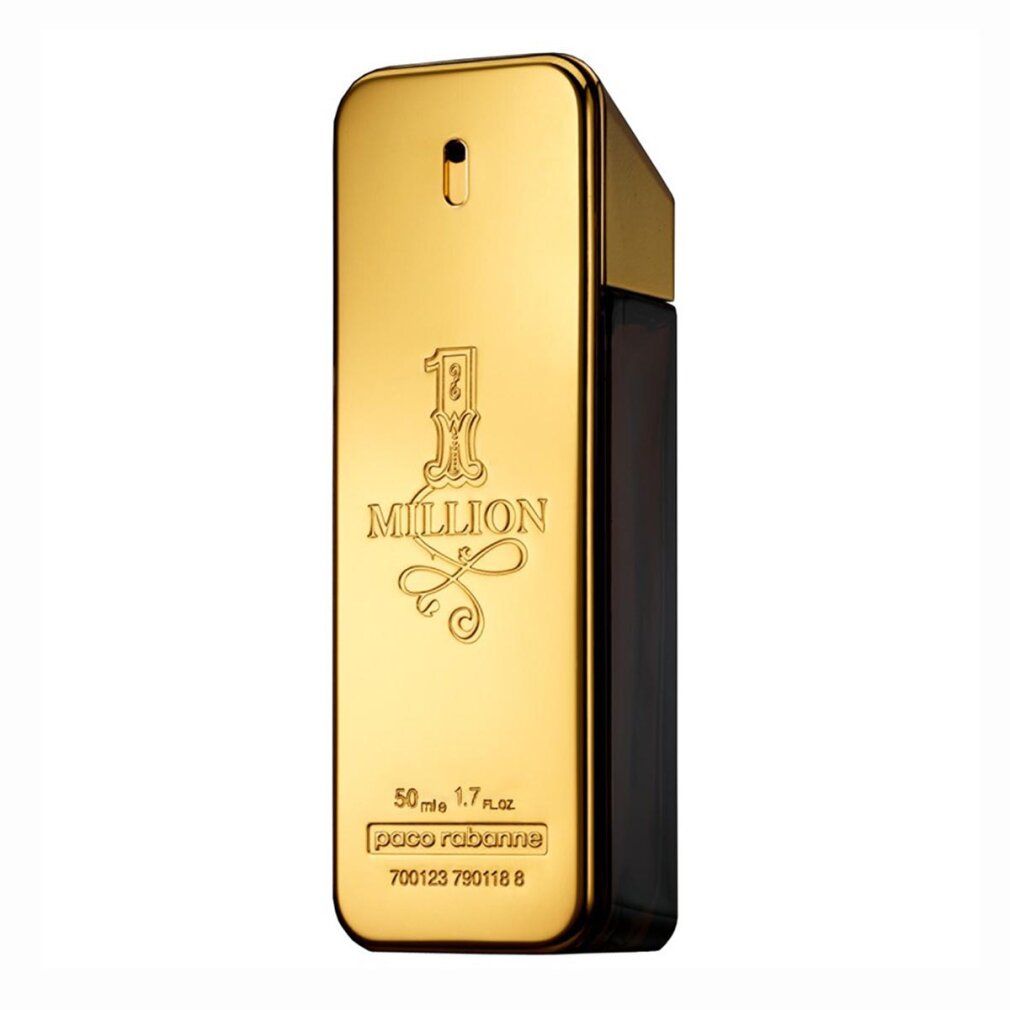 Goldfarbener Flakon "1 Million". Eckige Form, schwarzer Sprühkopf. Unten "paco rabanne" und Volumenangabe.