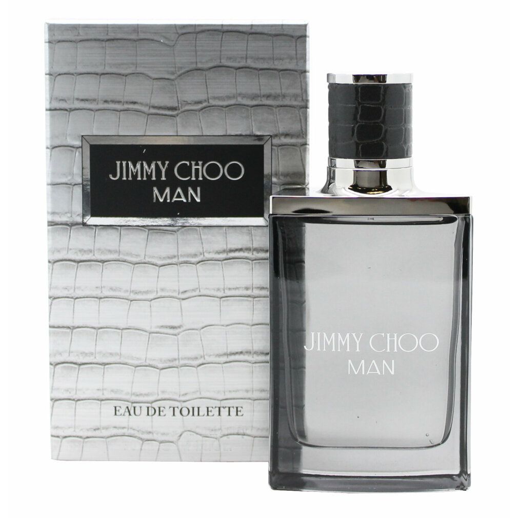 Parfümflasche und Schachtel. Flasche quadratisch, silberfarben. Schachtel mit Krokodilmuster, Aufschrift JIMMY CHOO MAN.