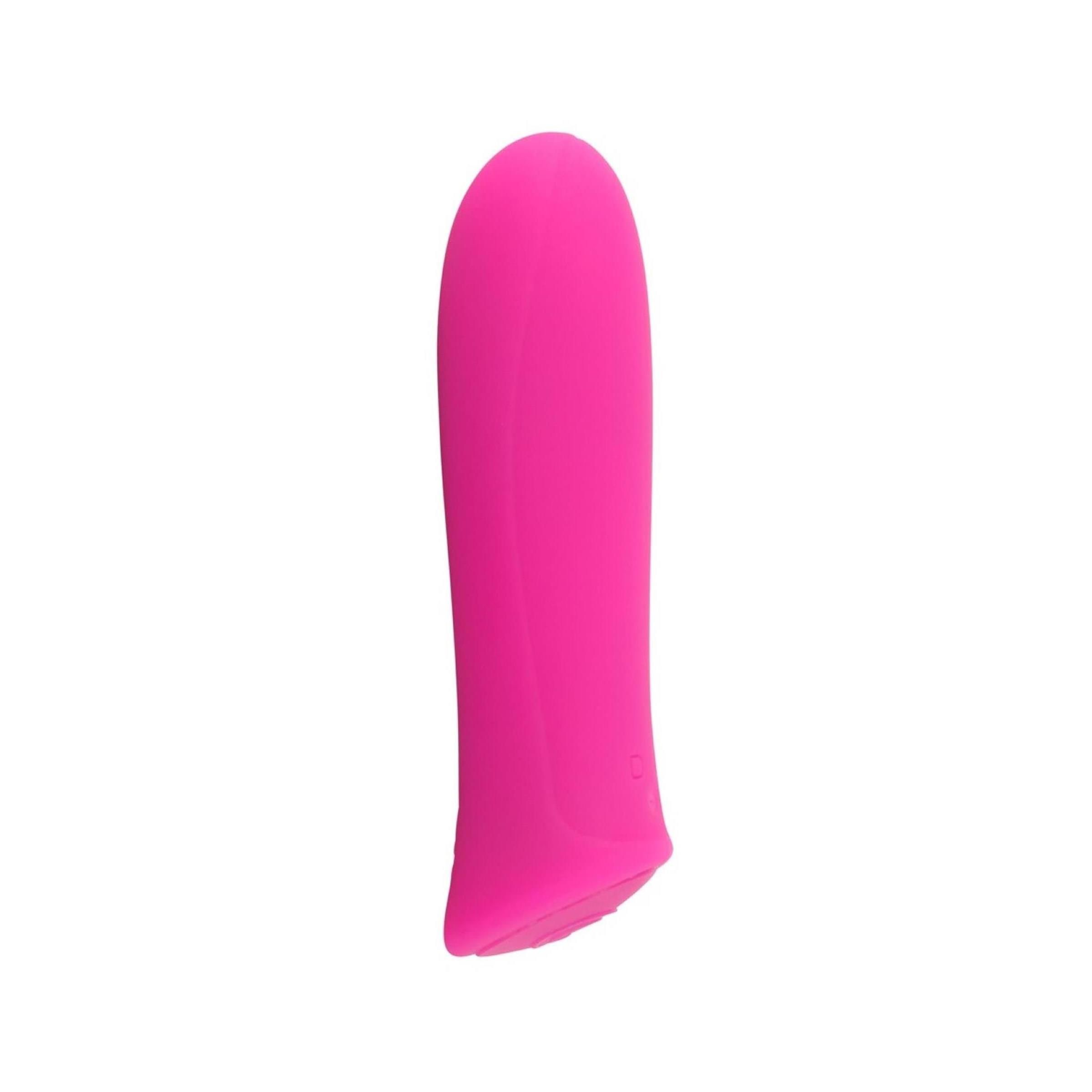 Pinkfarbener Vibrator. Zylindrische Form mit abgerundeter Spitze und leicht gebogener Basis.