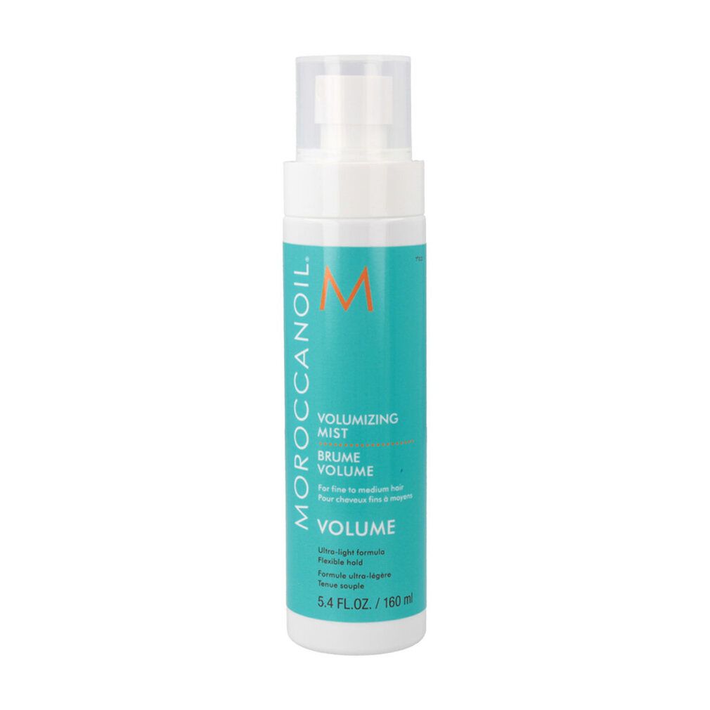 Weiß-türkisfarbene Sprühflasche. Text: Moroccanoil, Volumizing Mist, Brume Volume, Volume. 160 ml.