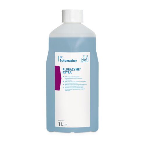 Flasche mit blauer Flüssigkeit. Etikett mit Produktnamen Plurazyme Extra und Herstellerlogo. 1 Ltr.