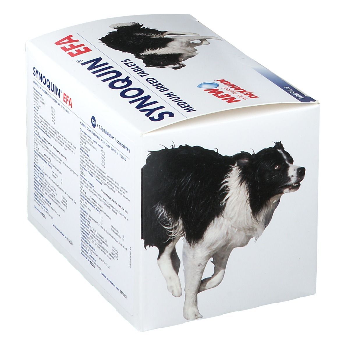 Weiße Verpackung mit Produktnamen und Hundebildern. Aufschrift: Synoquin EFA Medium Breed Tablets.