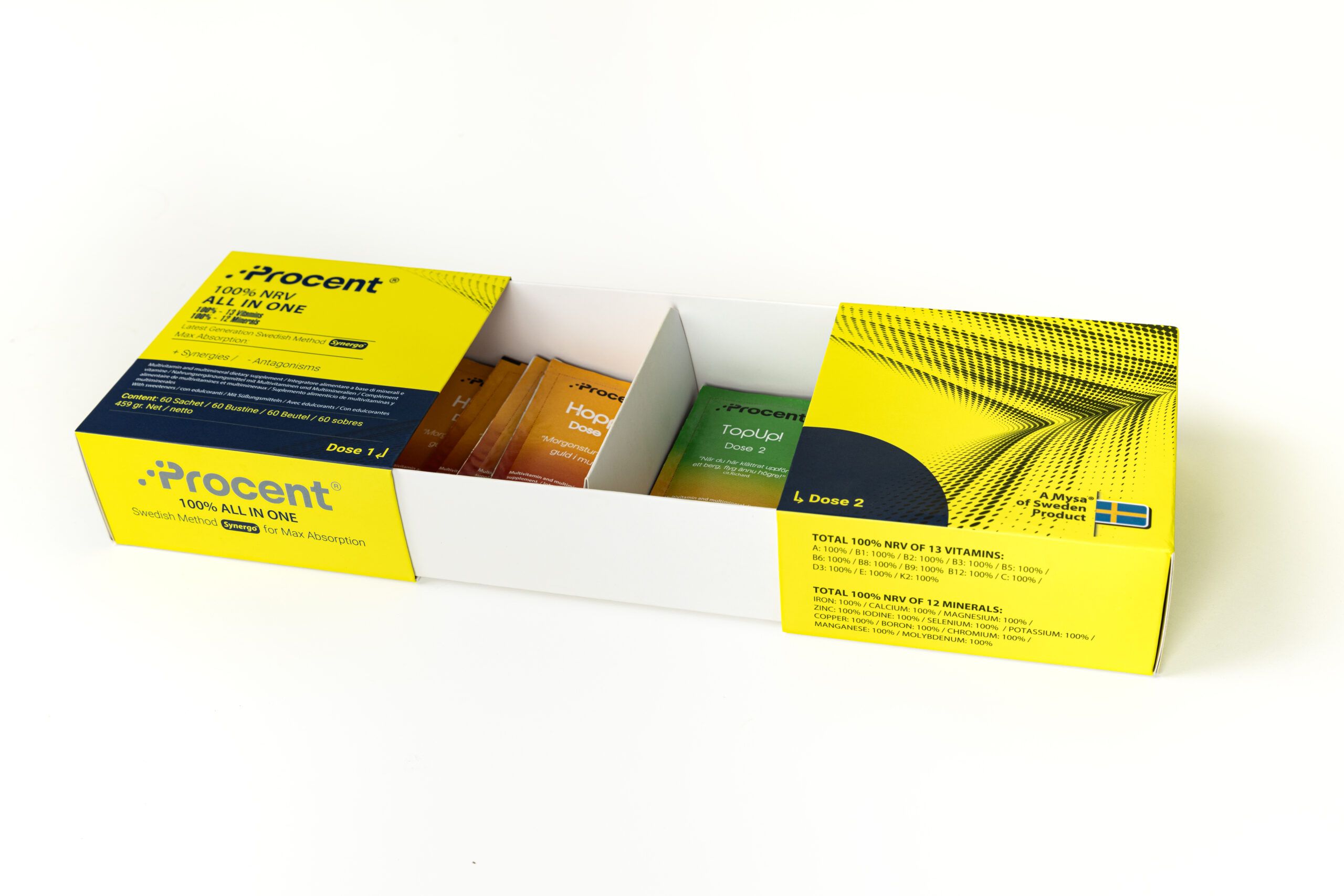 Prozent 100% All in One Packung mit drei Fächern, gefüllt mit kleinen Päckchen in Orange und Grün.