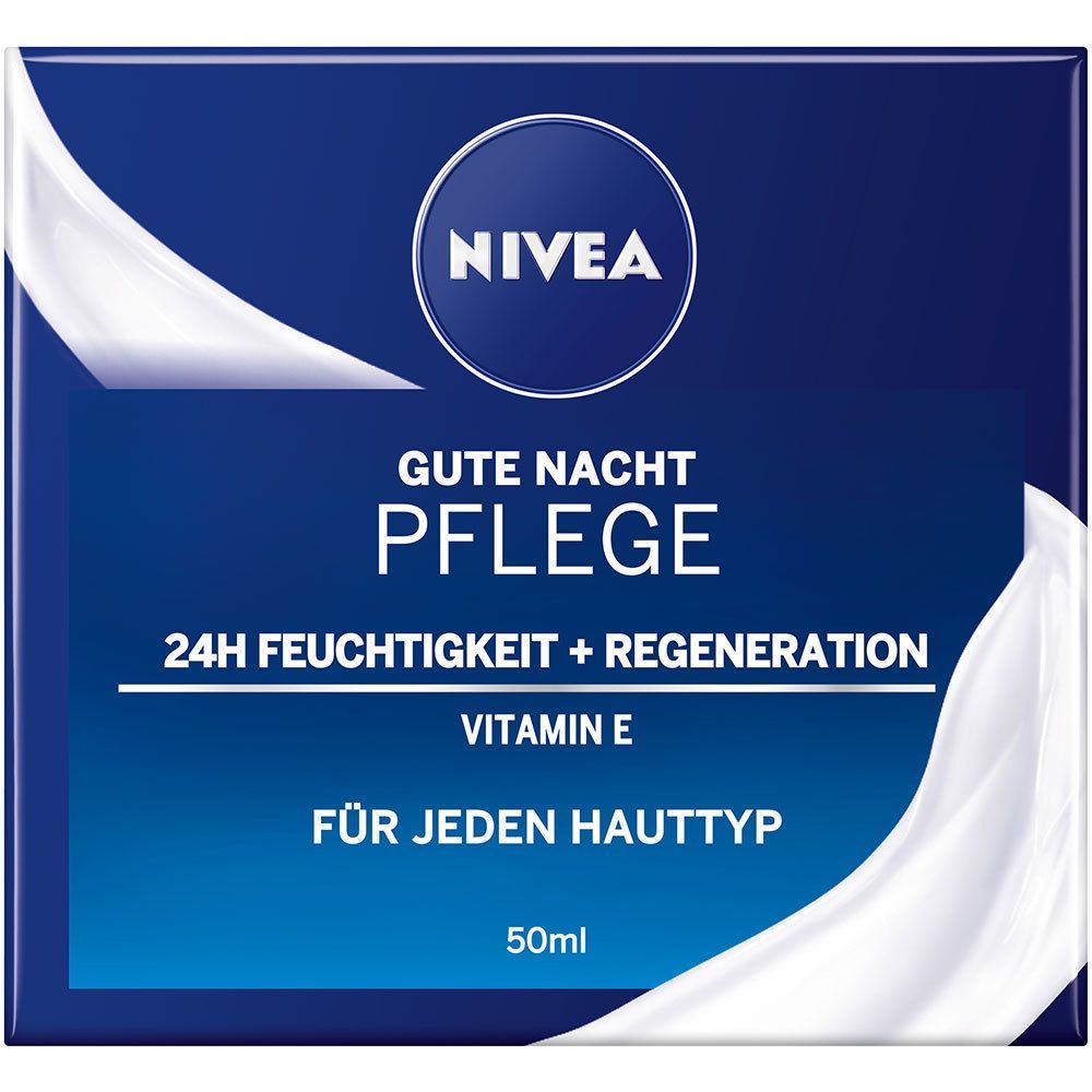 NIVEA Nachtpflege-Verpackung. Blaue quadratische Schachtel mit weißer Schrift. Text: Gute Nacht Pflege, 24h Feuchtigkeit + Regeneration, Vitamin E.