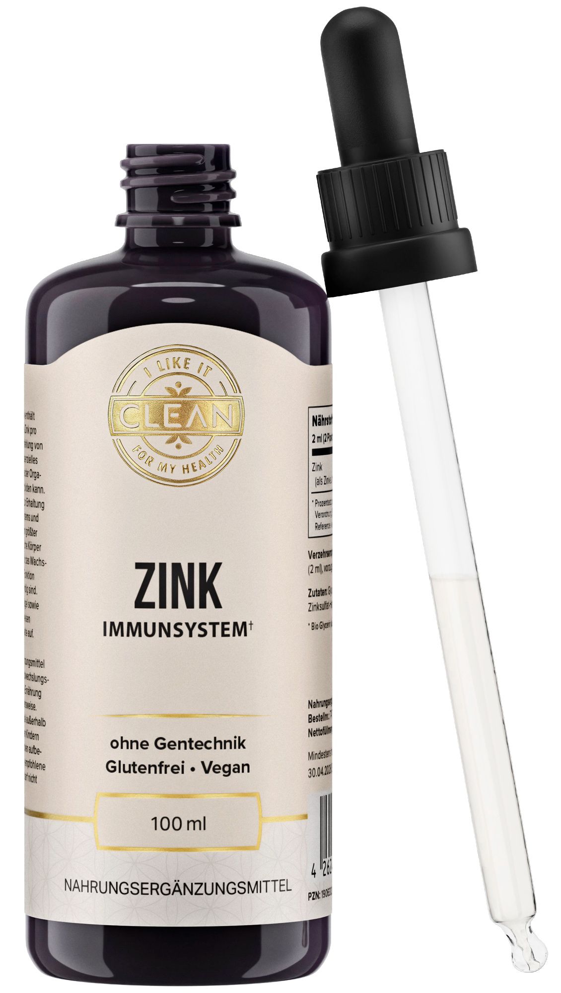 Braune Flasche mit schwarzem Deckel und Pipette. Beschriftung: Zink, Immunsystem. Pipette daneben.