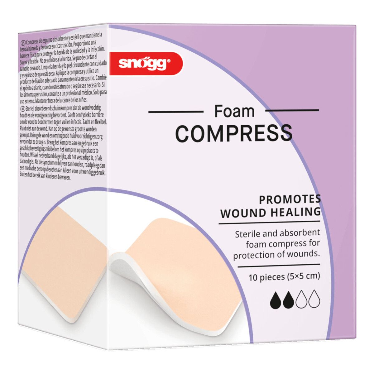 Verpackung Snögg Foam Compress, 10 Stück (5x5 cm). Sterile und absorbierende Schaumkompressen zur Wundheilung.