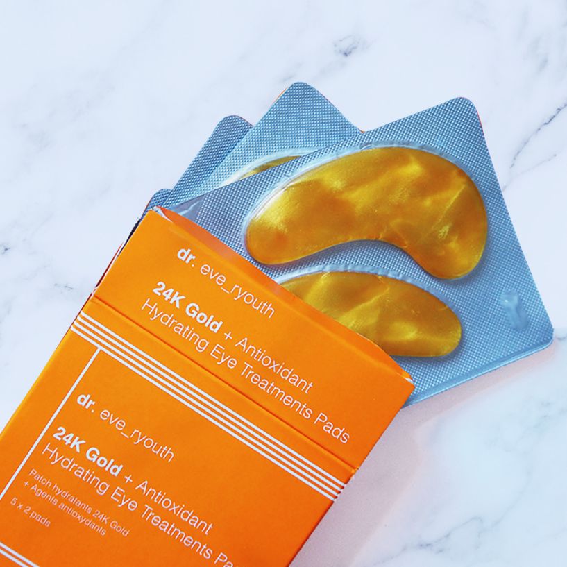 Dr. Eve_Ryouth 24K Gold + Antioxidans Augentratingschwämchen in Verpackung und Blister.