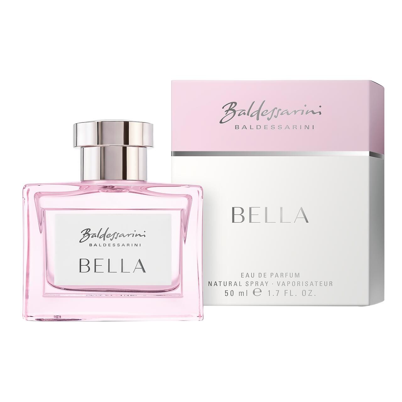 Rosa Parfümflasche mit silbernem Verschluss und Verpackung. Aufschrift: Baldessarini, BELLA, Eau de Parfum, Natural Spray.