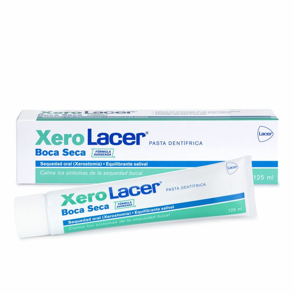 Zahncreme-Tube und Schachtel. Aufschrift: Xero Lacer, Boca Seca. Grün-weißes Design. 125 ml.