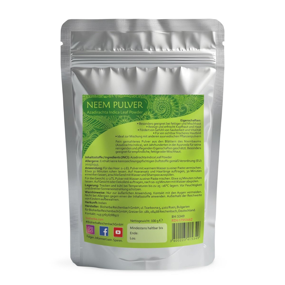 Rückseite der Beutelverpackung. Grünes Etikett mit Text in deutscher Sprache. Enthält Informationen zum Produkt und Hersteller.