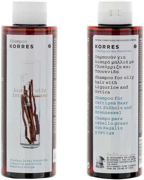 Zwei Shampoo-Flaschen nebeneinander. Braune Flaschen mit weißen Deckeln. Etiketten mit Produktnamen, Marke KORRES und Lakritz-Abbildung.