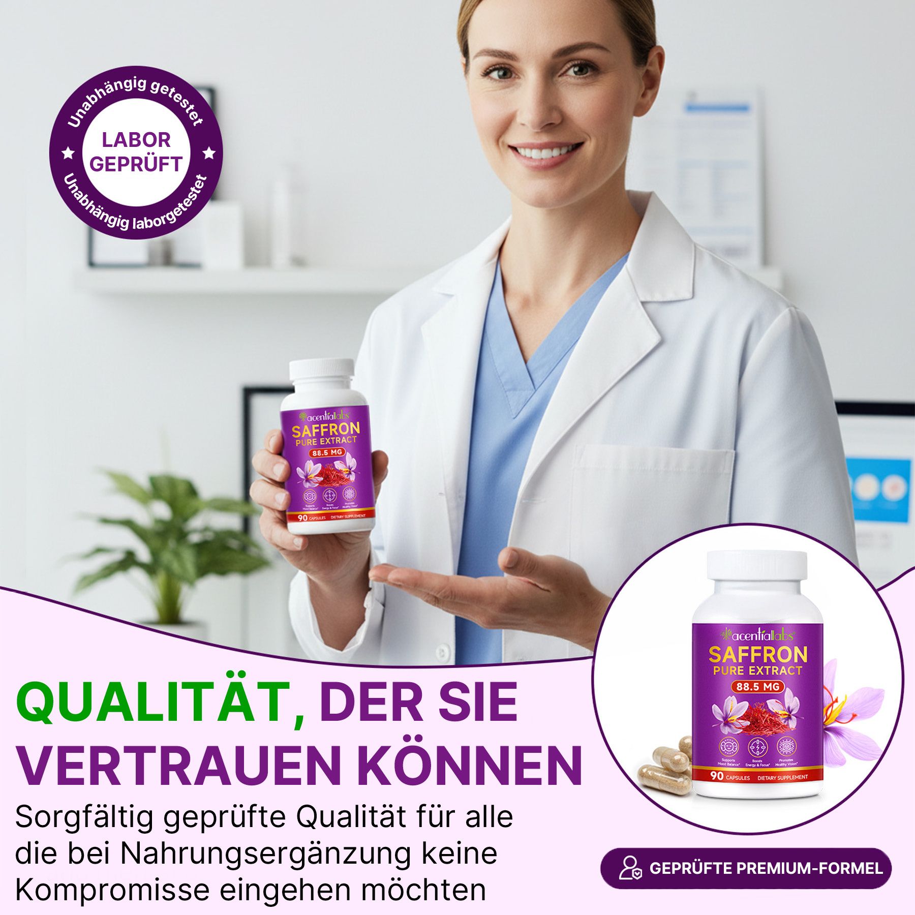 Acentiallabs Safran Saffron Pure Extrakt 88,5 mg mit Vit. B2 Hochdosiert
