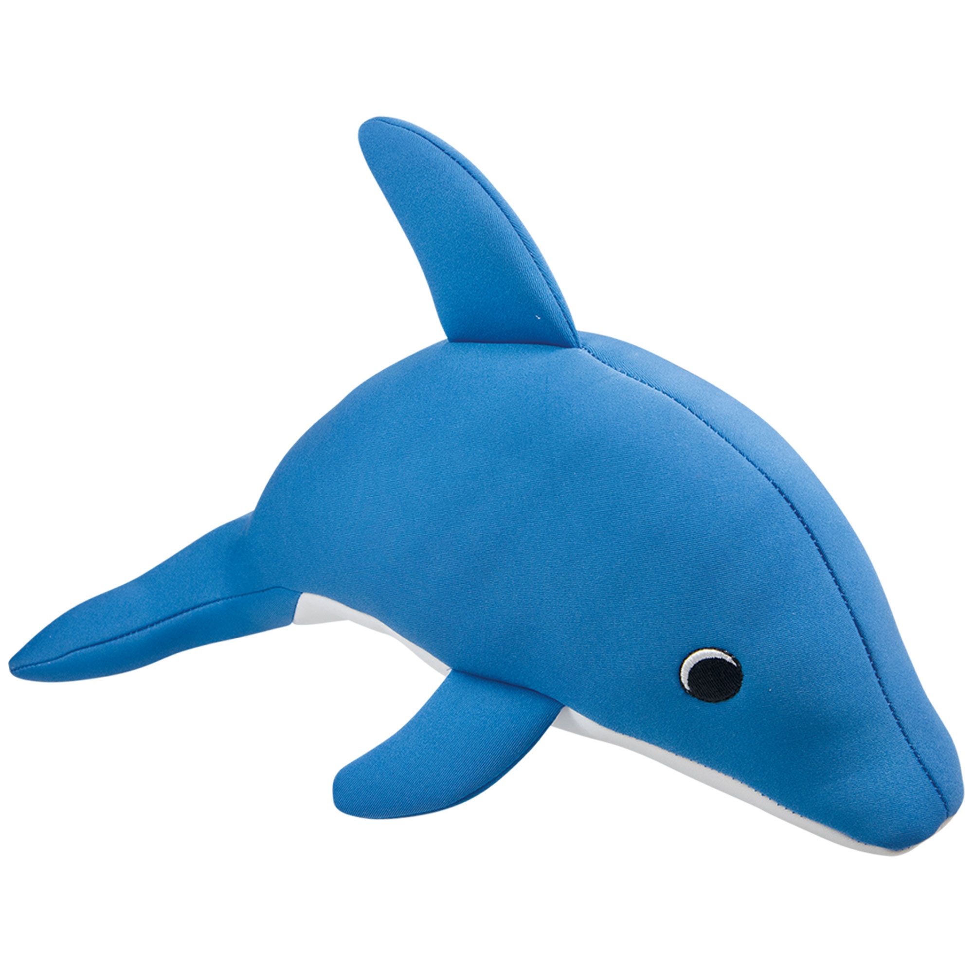 Blauer Delfin-Spielzeug, Stofftier. Mit Flossen, Schwanz und Augen. Weißer Bauch. Liegend.