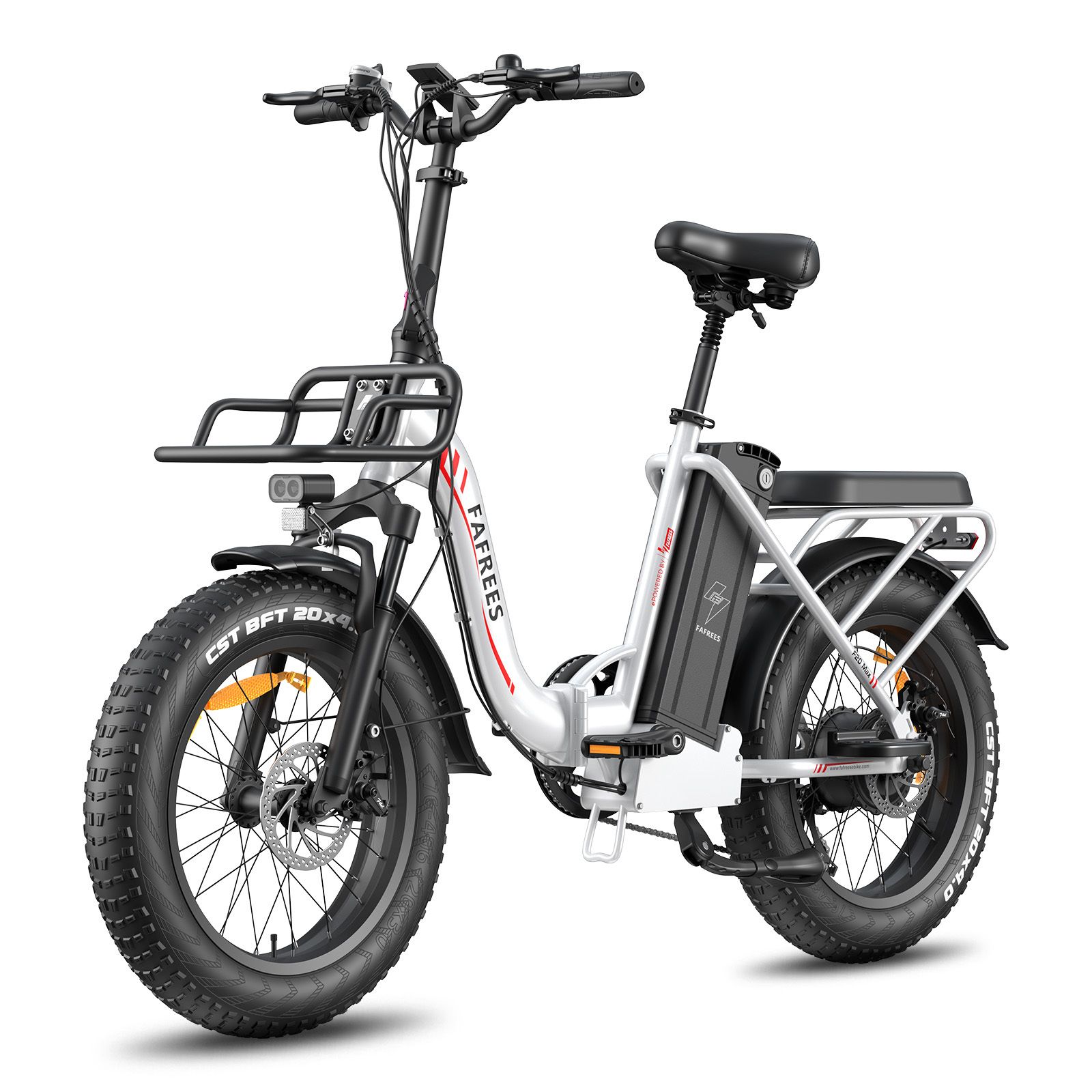 Falt-E-Bike mit schwarzem Rahmen, weißem Rahmen und Gepäckträger. FAFREES-Logo sichtbar. Schwarze Reifen.