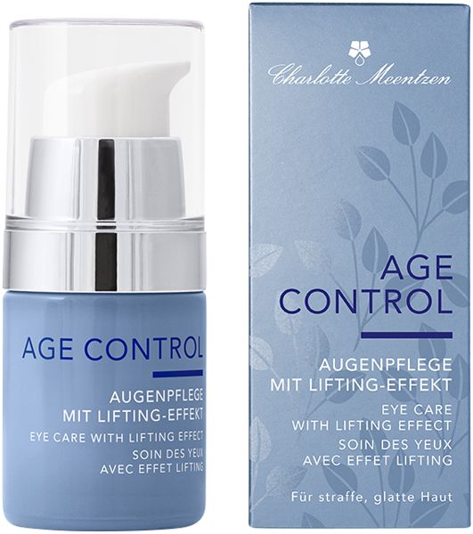 Augenpflege-Flakon und Verpackung. Flakon blau, silberner Verschluss. Verpackung blau mit Produktnamen und Logo.