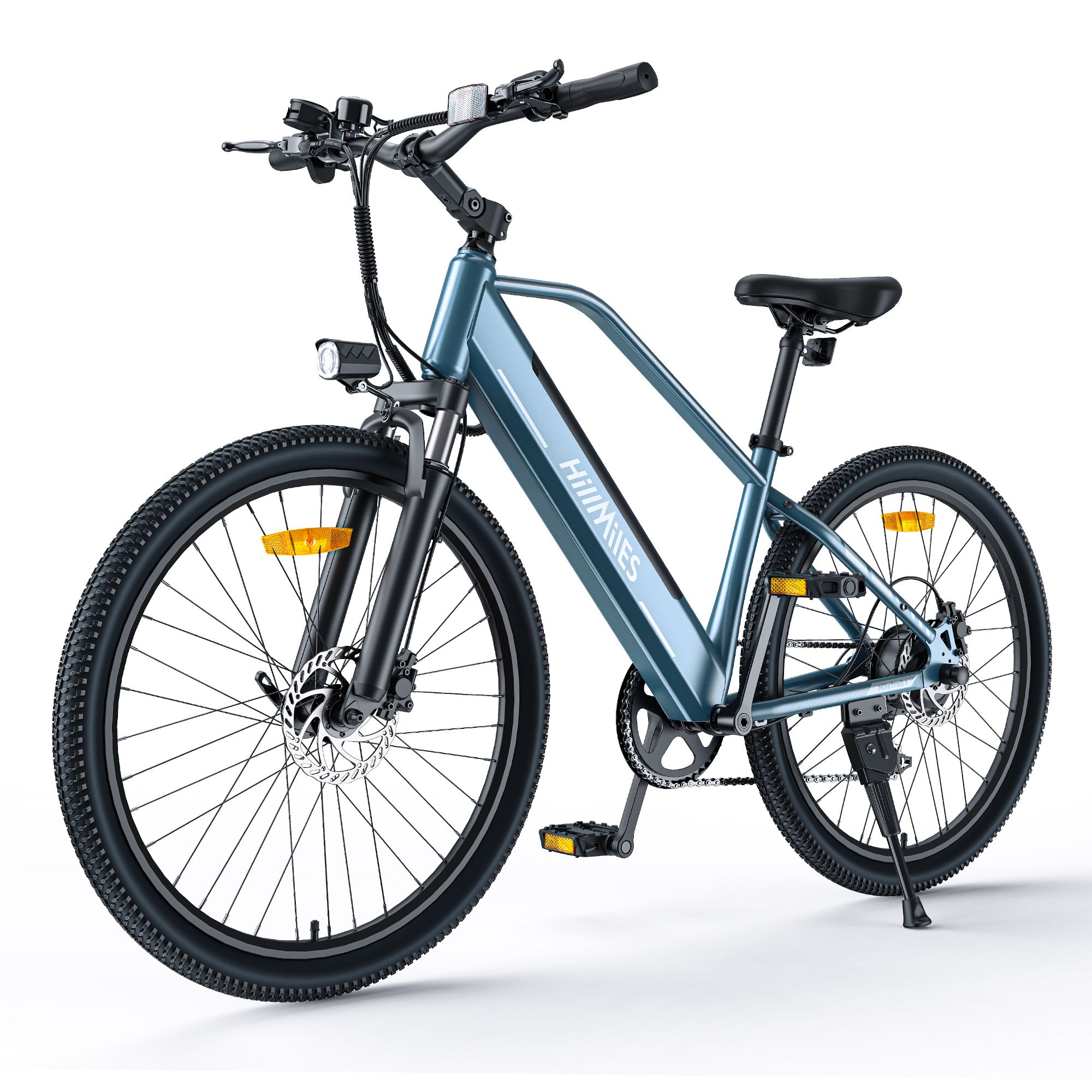 Blaues Elektrofahrrad mit 26-Zoll-Rädern. Sichtbar sind Lenker, Sattel, Pedale, Scheinwerfer und das HillMiles-Logo.