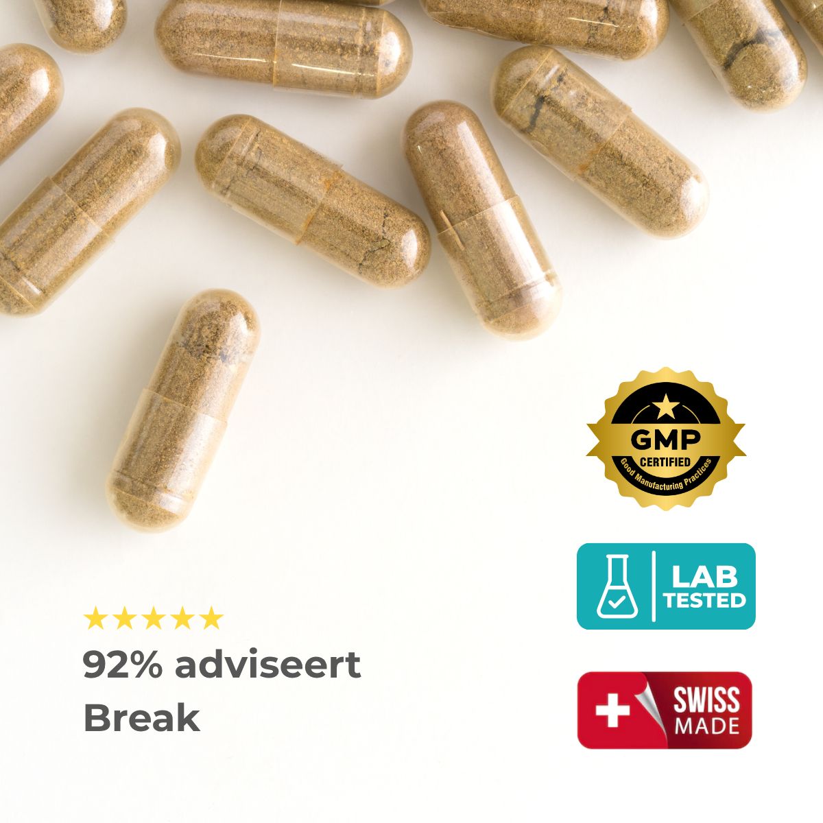 Capsules op witte achtergrond. GMP-certificering, lab getest, Swiss Made. 92% bevelen Break aan.