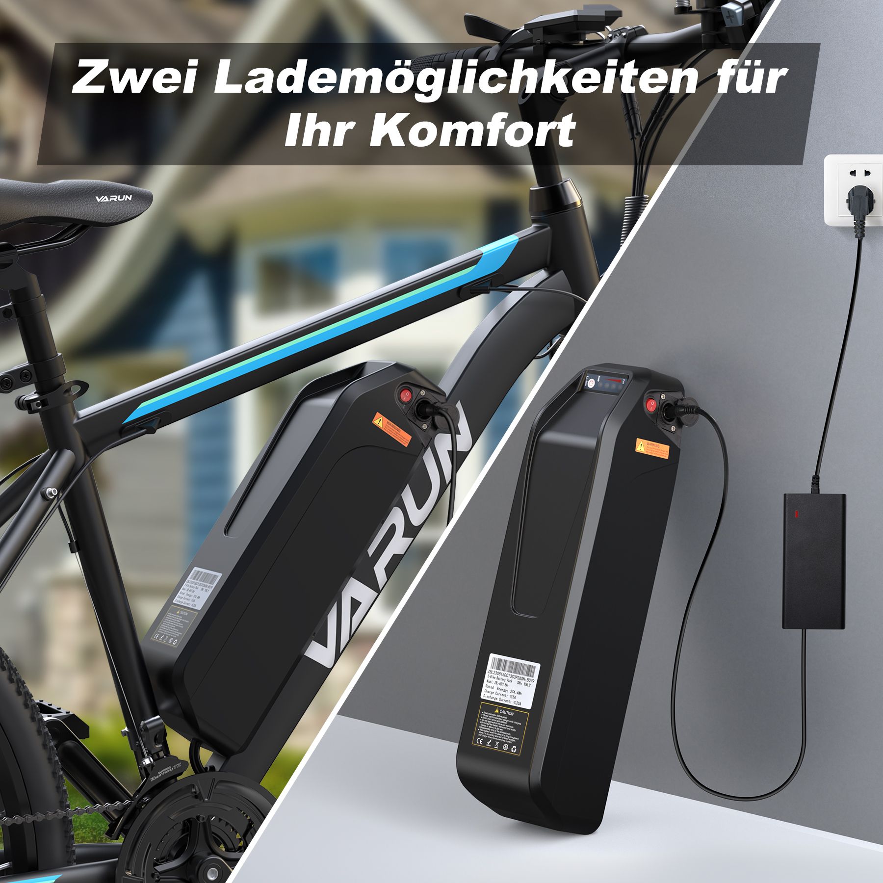 VARUN Elektro-Mountainbike-Akku und Ladegerät. Akku schwarz mit VARUN-Logo. Ladegerät an der Steckdose.