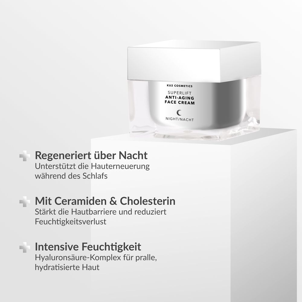 Kosmetikcreme auf weißem Podest. Aufschrift: Superlift Anti-Aging Face Cream. Text daneben: Regeneriert über Nacht, mit Ceramiden & Cholesterin, intensive Feuchtigkeit.