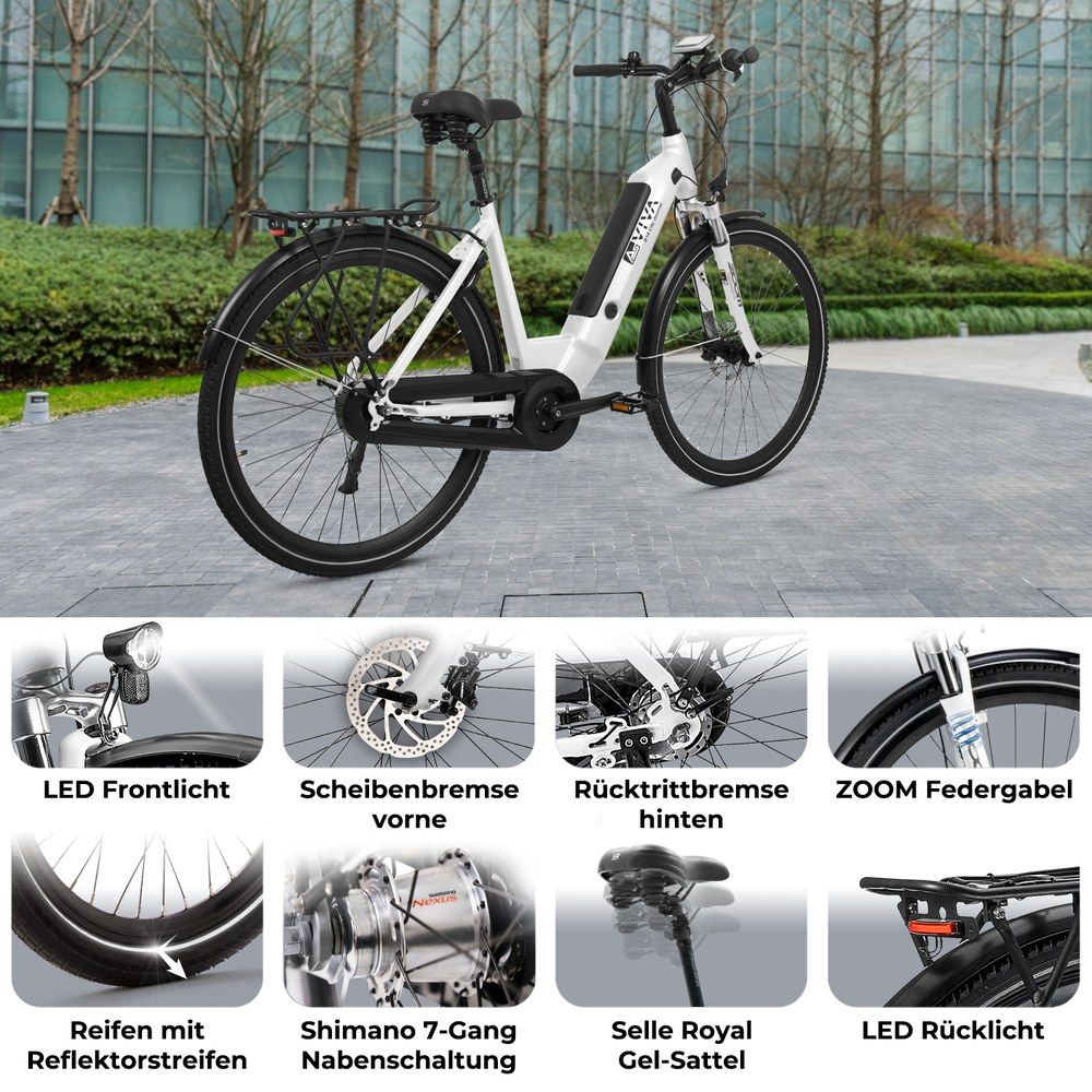 Weißes E-Bike mit Gepäckträger und Mittelmotor, detaillierte Ansichten.