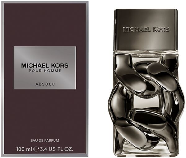 Michael Kors Pour Homme Absolu Flakon und Verpackung. Flakon mit silberfarbenem Verschluss und Kette. Verpackung mit Logo und Produktbezeichnung.