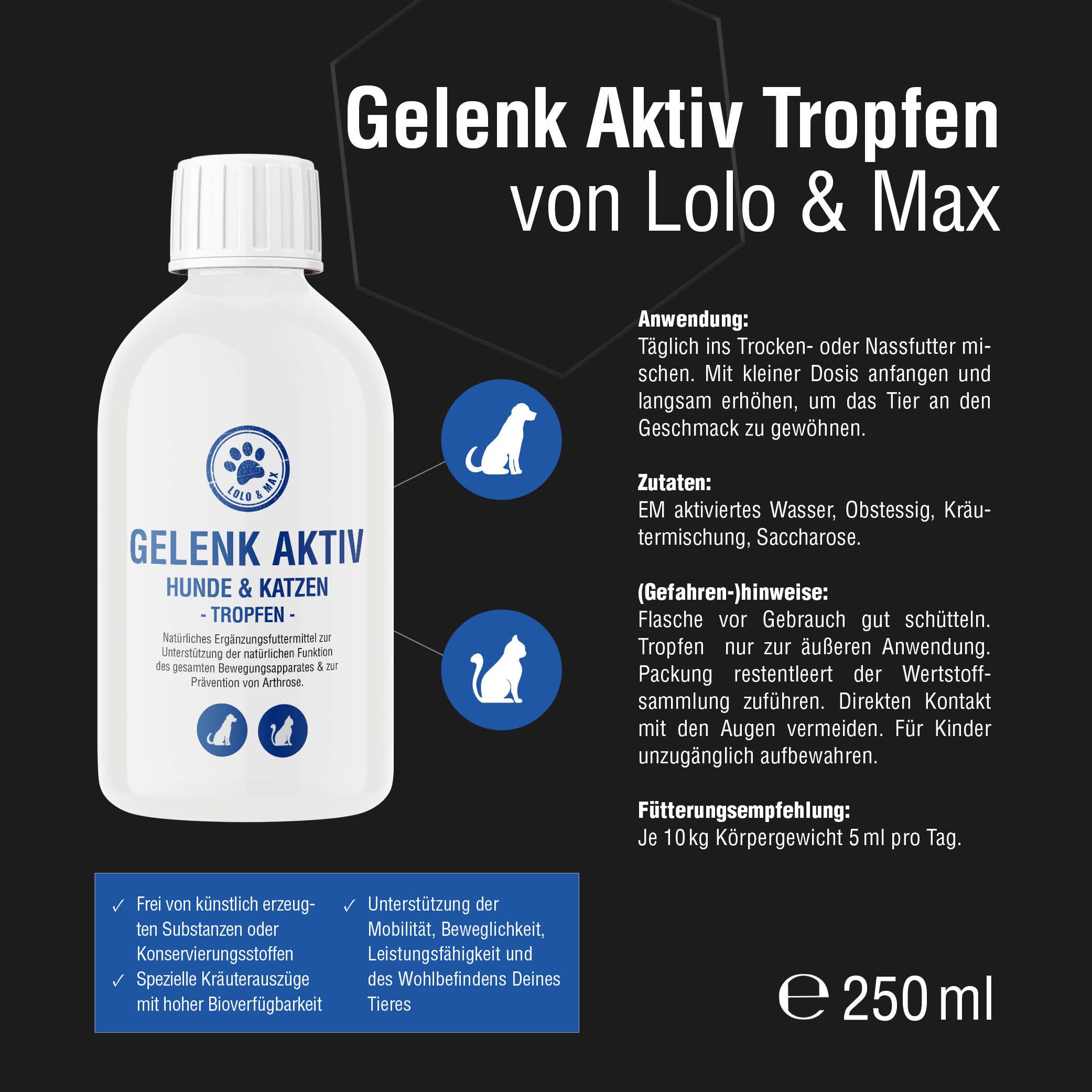 Lolo & Max - Gelenk Aktiv - Tropfen für Hunde und Katzen - 250ml