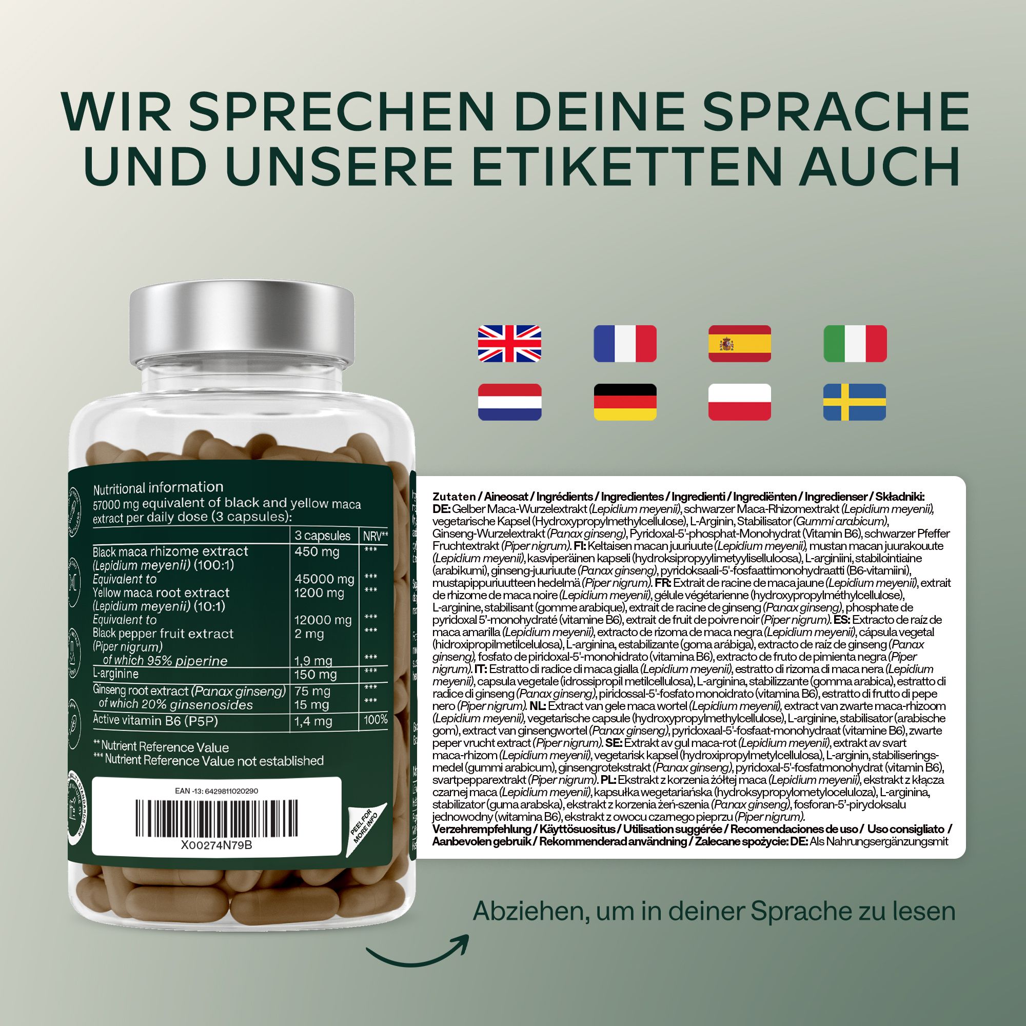 Drei Maca-Kapseln auf einer Petrischale, umgeben von Icons für vegan, glutenfrei.