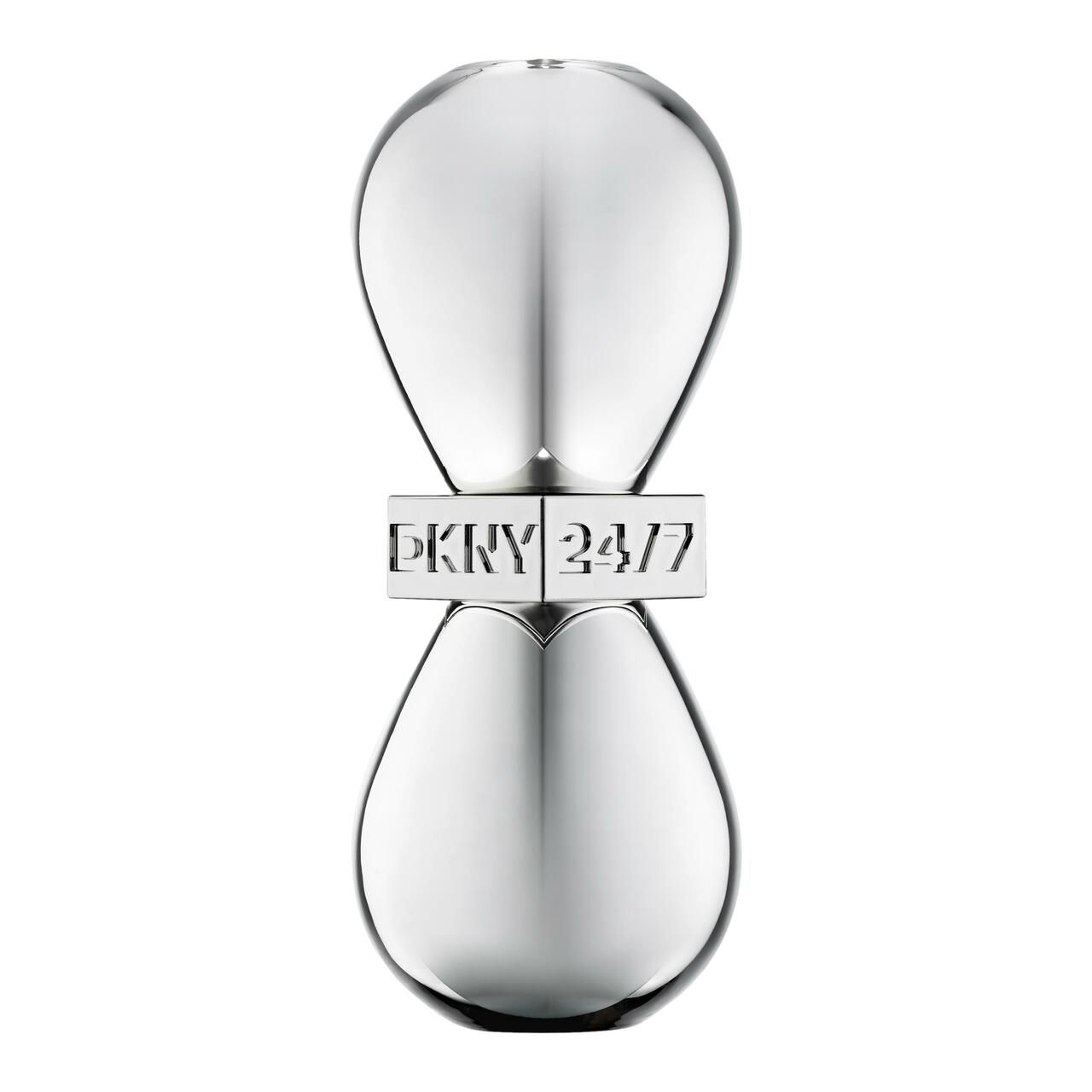 Silberfarbener Flakon in Sanduhrform. Aufschrift DKNY 24/7. EdP Nat. Spray. Ohne Verpackung.