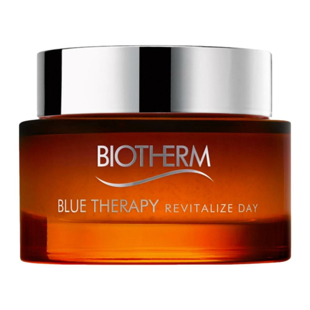 BIOTHERM Blue Therapy Revitalize Day Creme. Glasbehälter mit silbernem Deckel.