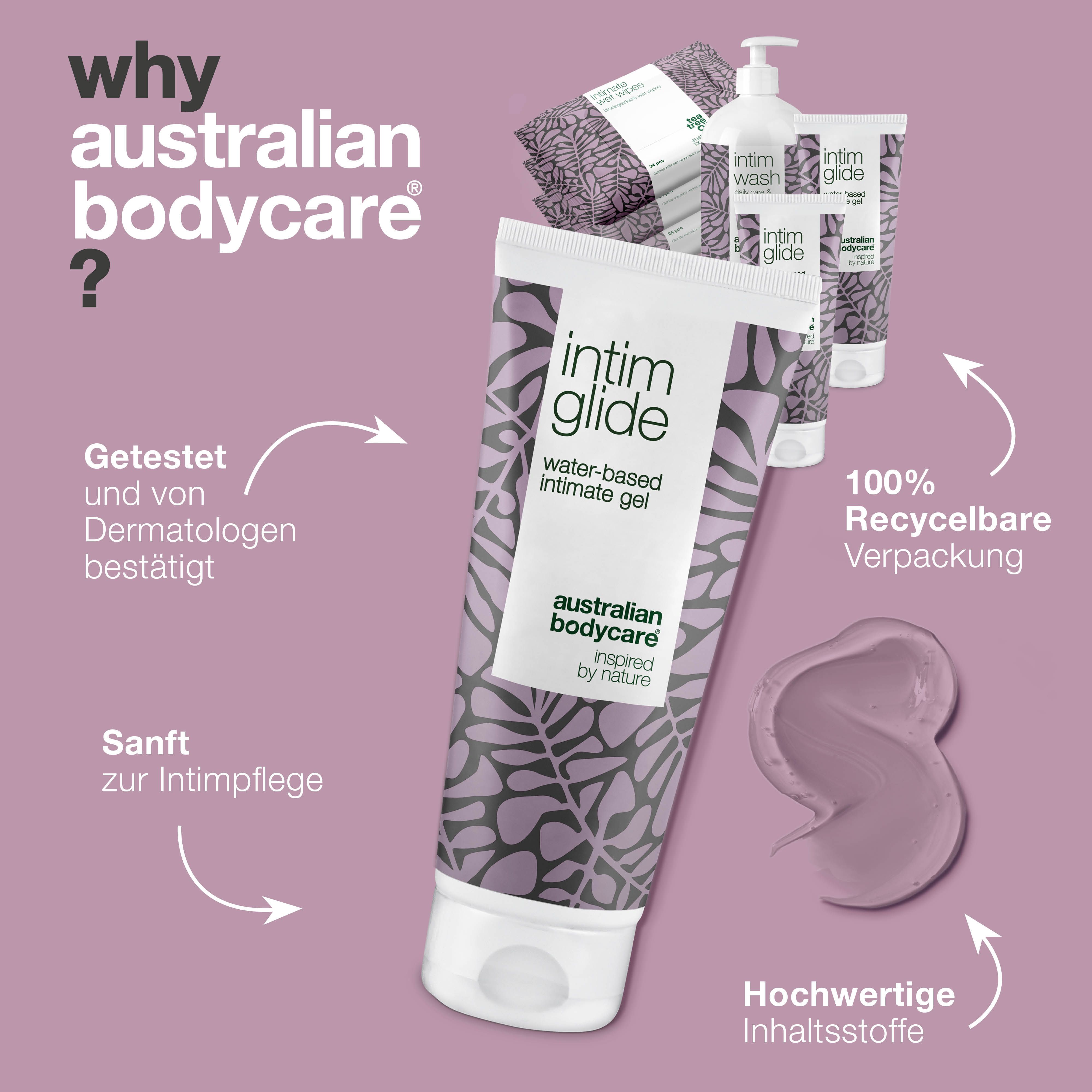 Produktabbildung: Intim Glide, Intim Wash, Intimate Wet Wipes. Text: Warum Australian Bodycare?