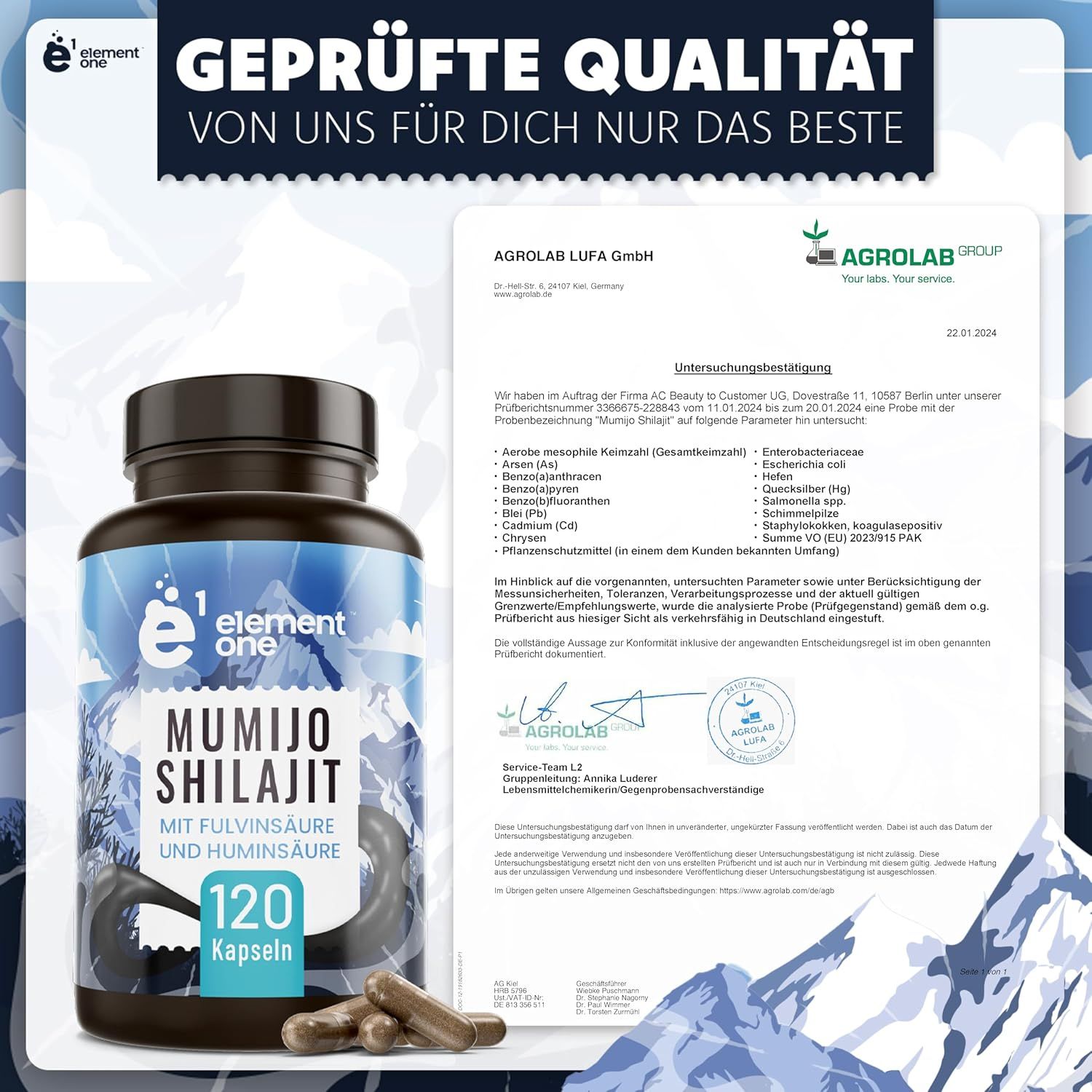 Element One Mumijo Shilajit Flasche mit 120 Kapseln und Prüfzertifikat von Agrolab LUFA GmbH. Text: Geprüfte Qualität.
