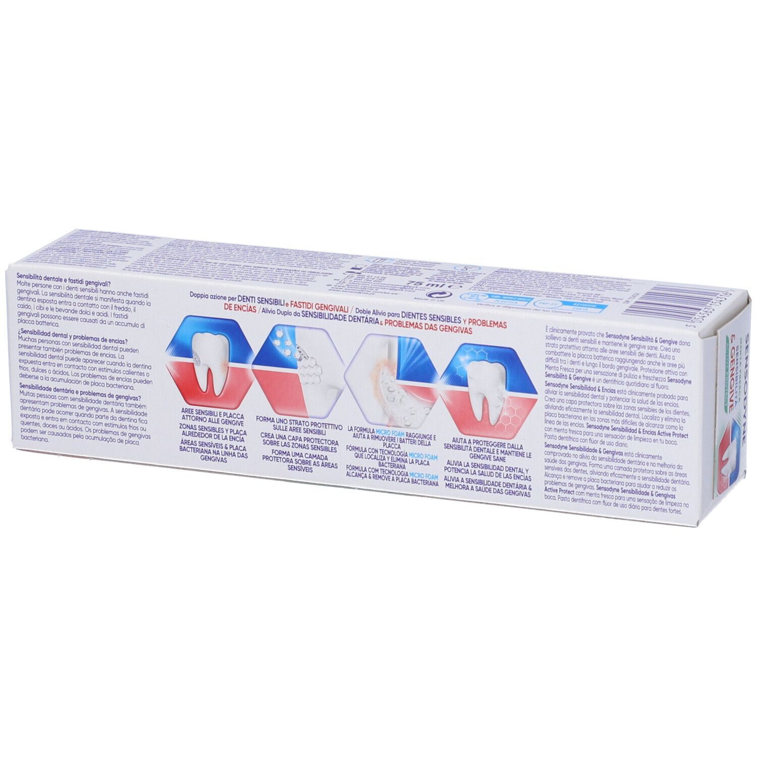 Retro della confezione del dentifricio. Testo e grafica blu e rossa. Illustrazioni di denti e gengive.